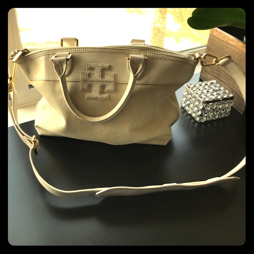 Tory Burch Cream Canvas & Leather Handbag